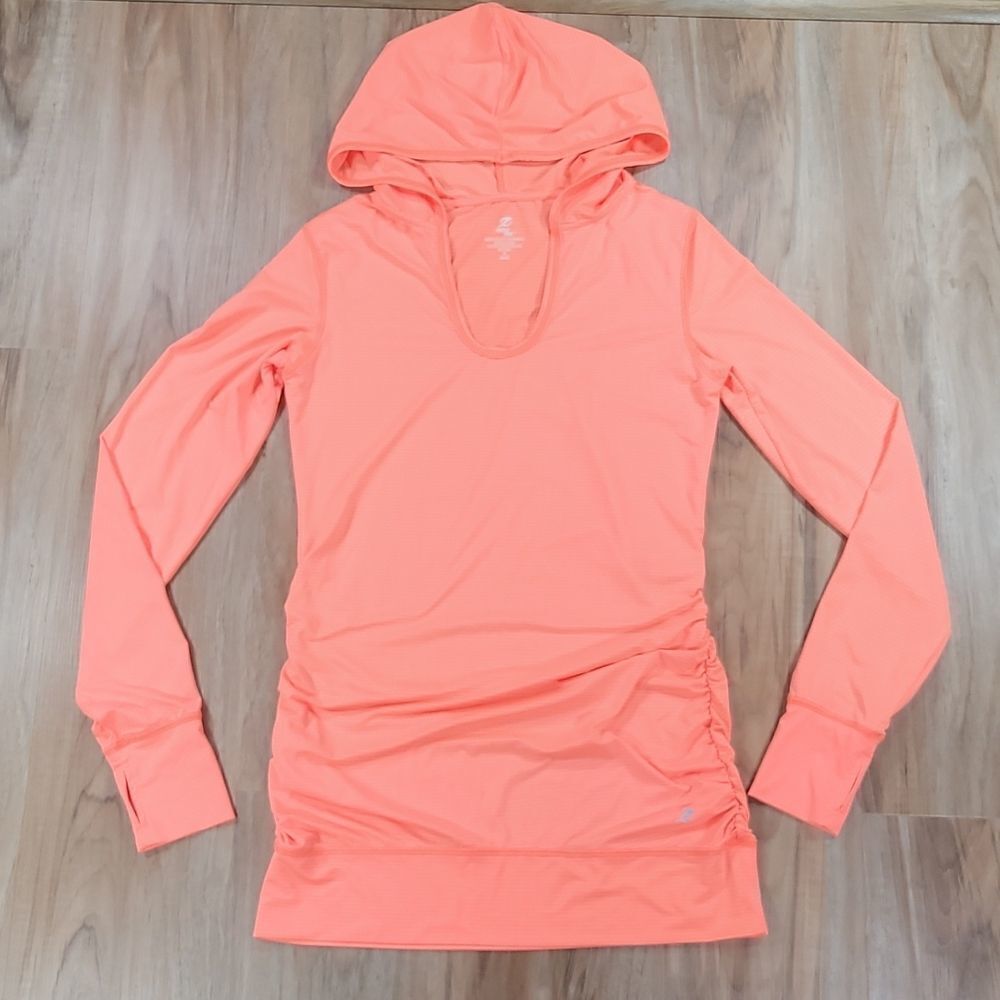 🔺️Energy Zone Neon Orange Ruched & Hooded Long Sleeve Athletic Top Small